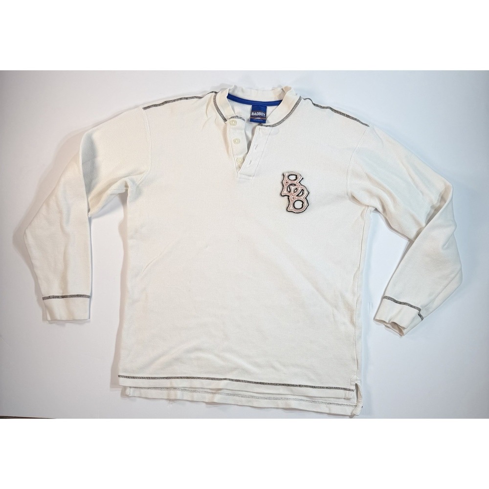 Vtg Bad Boy Thermal Henley Shirt Mens Large White Long Sleeve Y2K Biggie